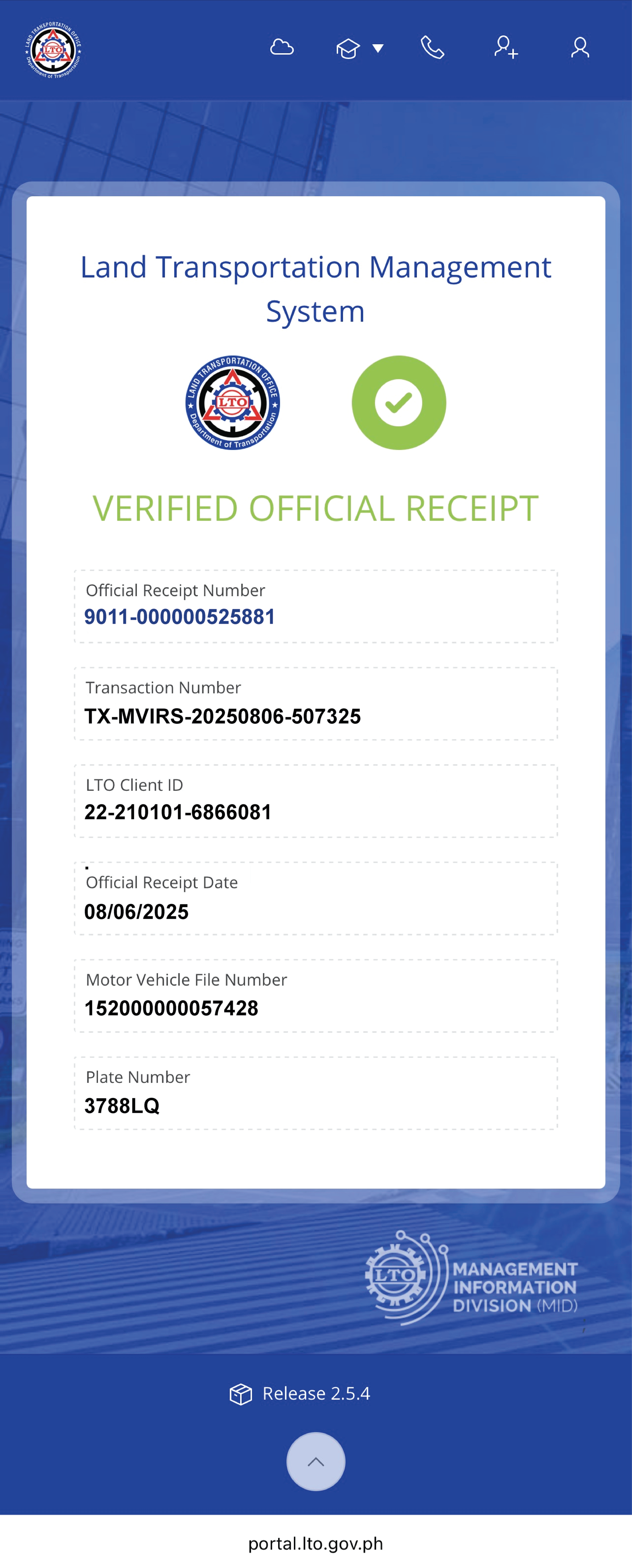 Verified Official Receipt